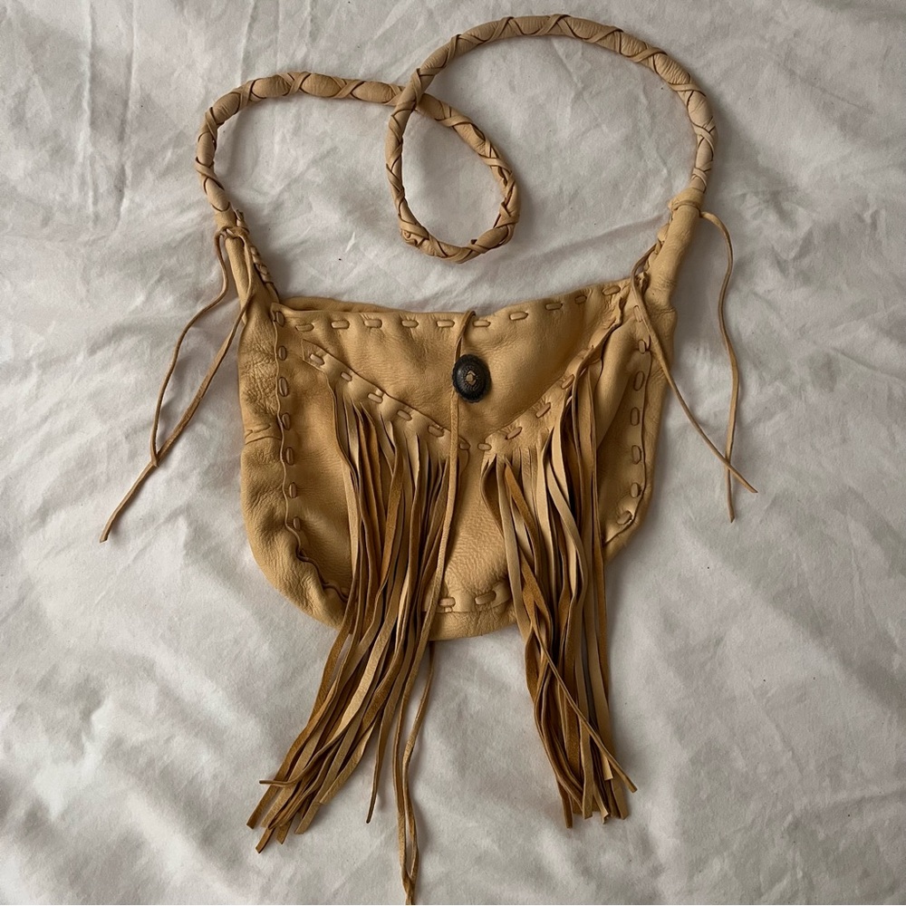 Artisan Made Cream Western Leather Fringe Bag with Metal Concho